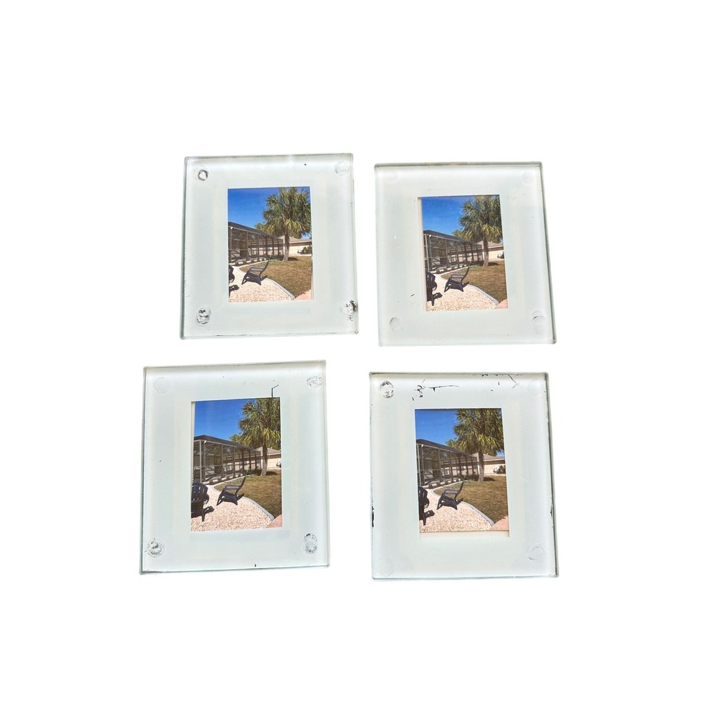 Set of 4 Frosted Glass Photo Frame Drink Coasters Square 4x4 Inch Clear White